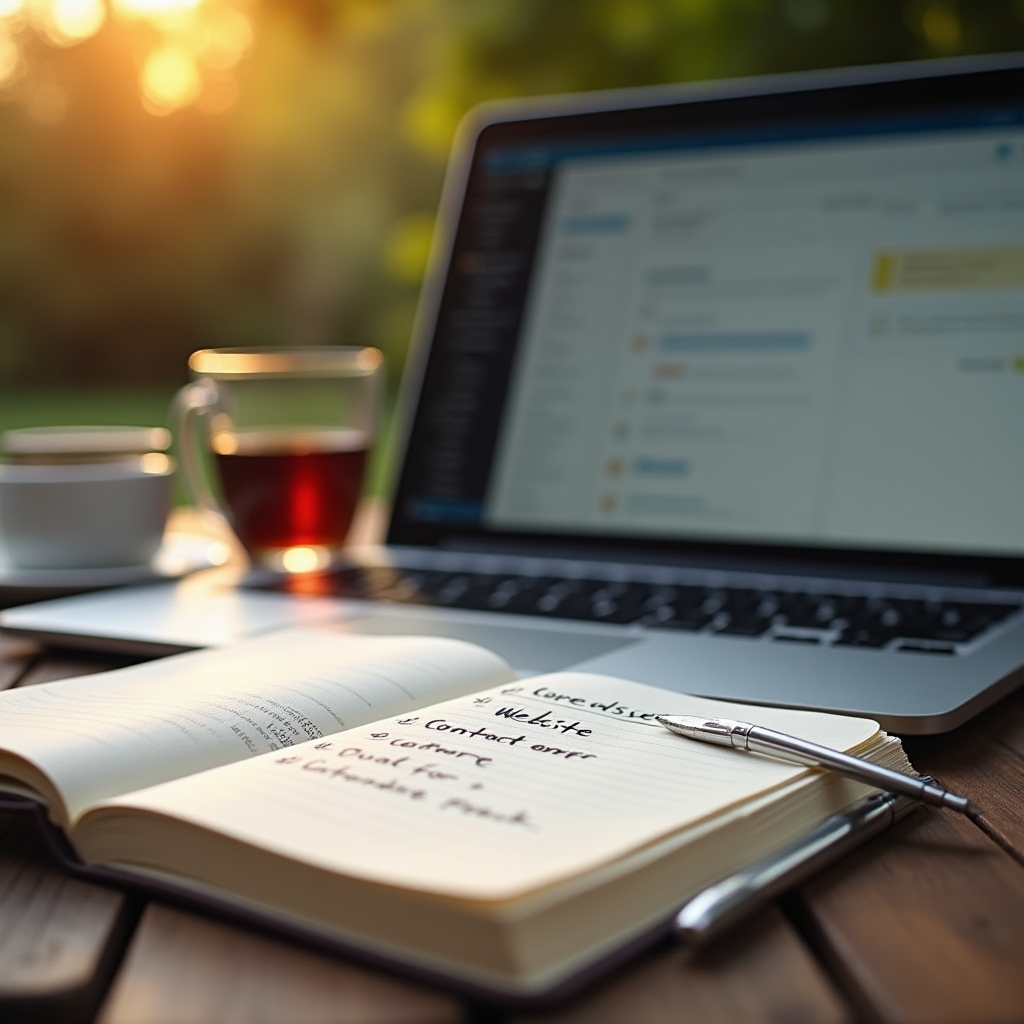 Poznámkový blok s kontrolním seznamem lekce vedle notebooku s administrací WordPressu